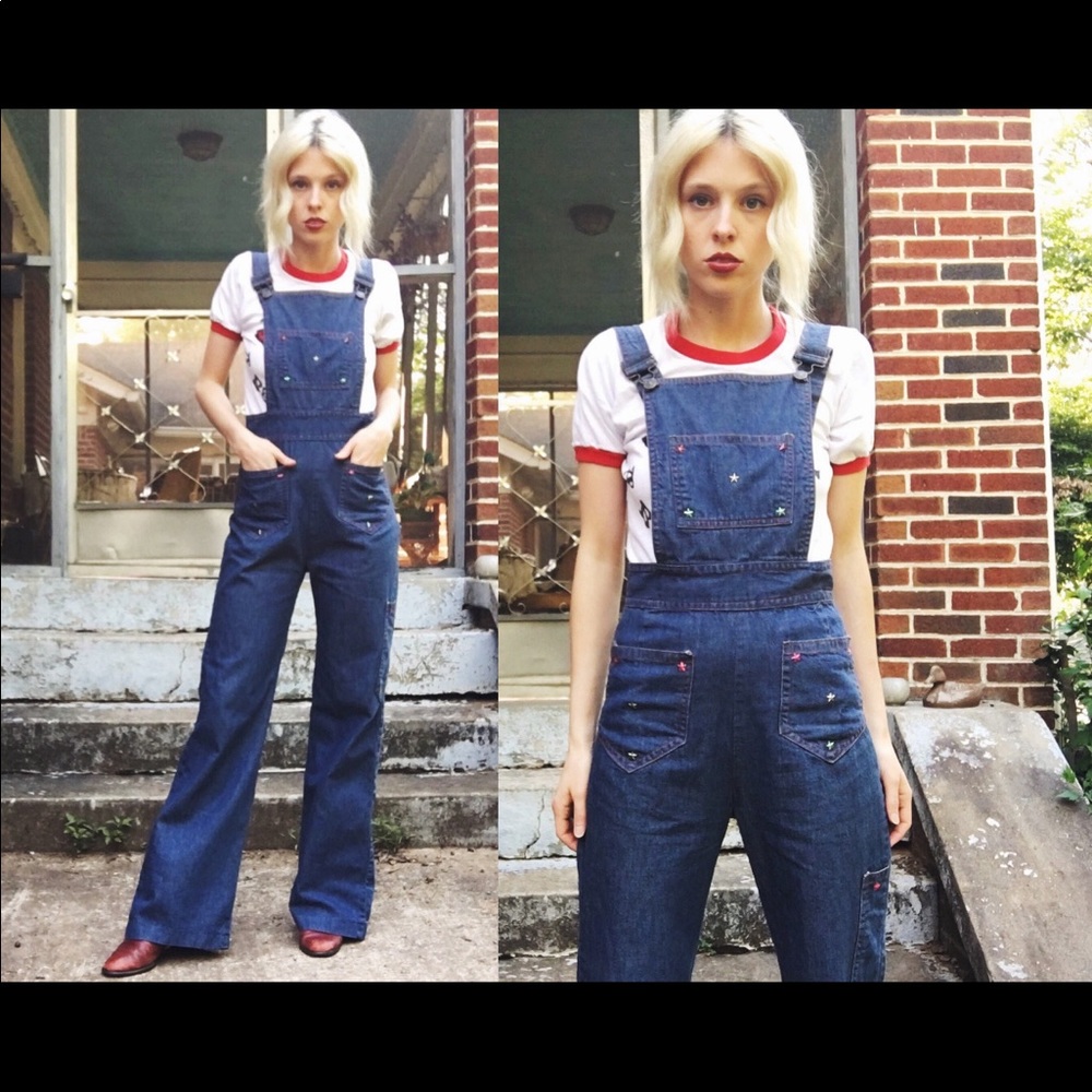 Vintage 70s Star Studded Denim Overalls S